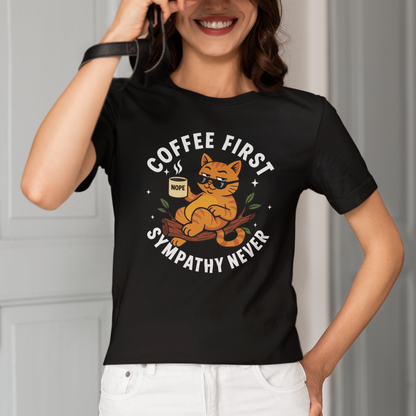 Model wearing Coffee First Sympathy Never Lounging Cat T-Shirt with coffee cat graphic design