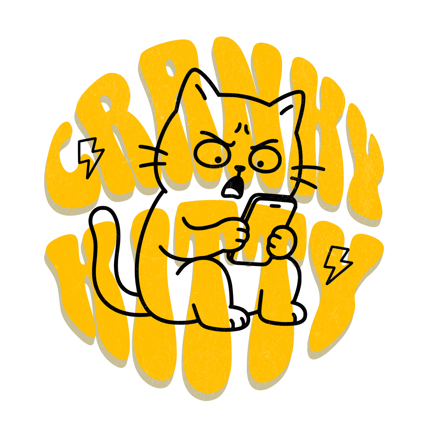 Cranky Kitty Texting Cat T-Shirt design with angry cat holding phone and bold yellow text