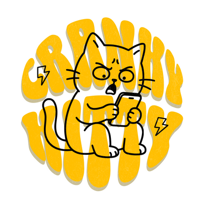 Cranky Kitty Texting Cat T-Shirt design with angry cat holding phone and bold yellow text