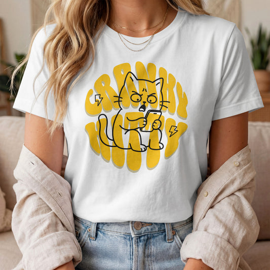 Model wearing Cranky Kitty Texting Cat T-Shirt with annoyed phone cat graphic design