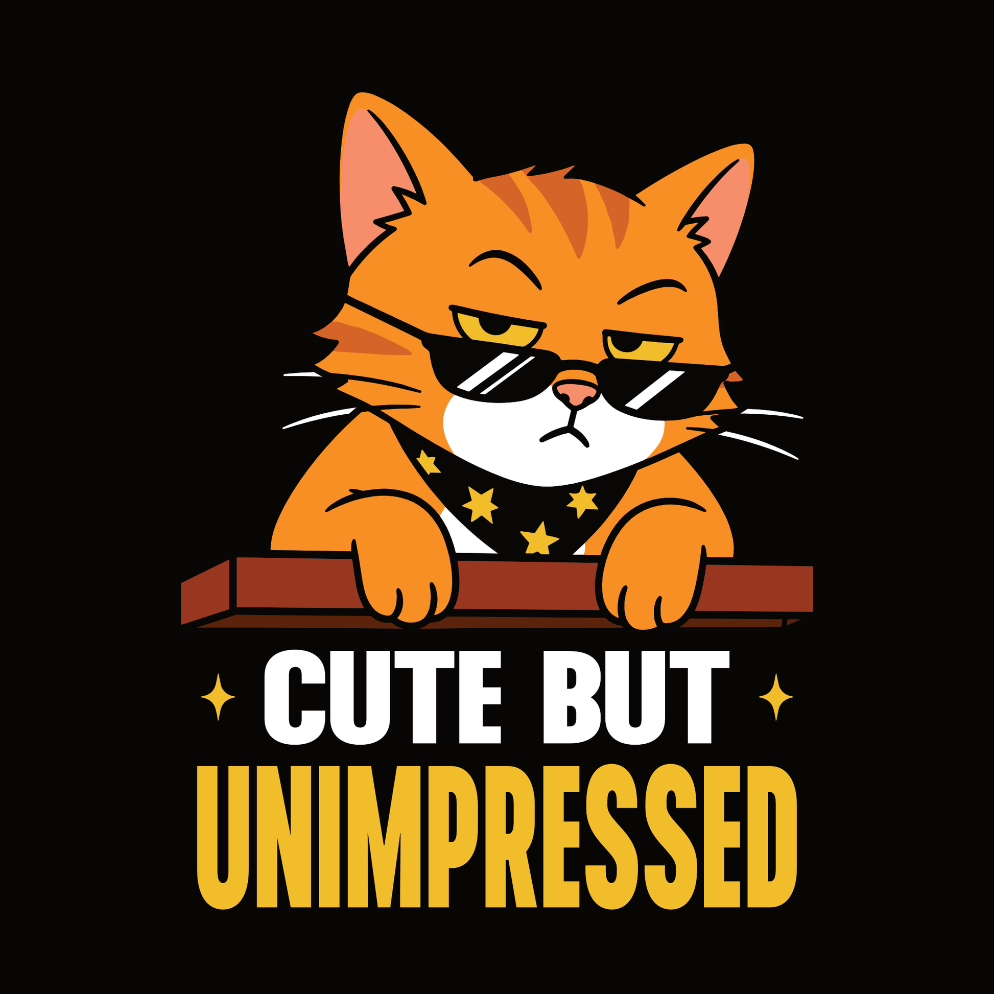 Cute But Unimpressed Sunglasses Cat T-Shirt design with orange cat wearing sunglasses and bold text