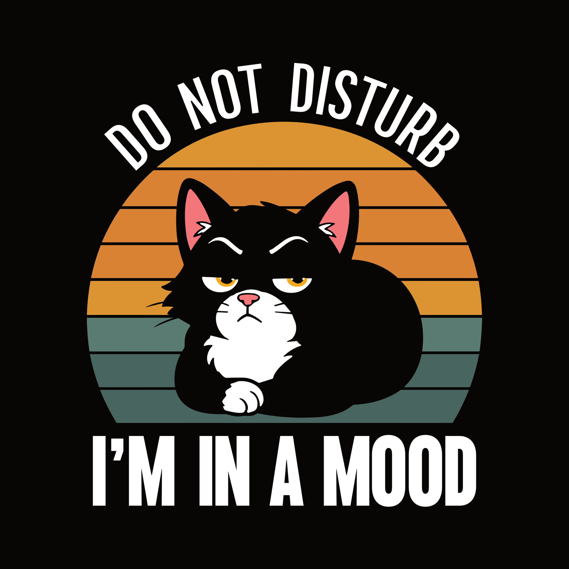 Do Not Disturb Mood Cat T-Shirt design with black cat, sunset background, and bold text