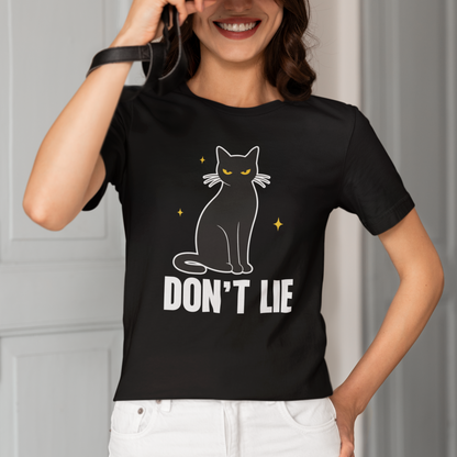 Model wearing Don’t Lie Judgy Cat T-Shirt with black cat graphic design
