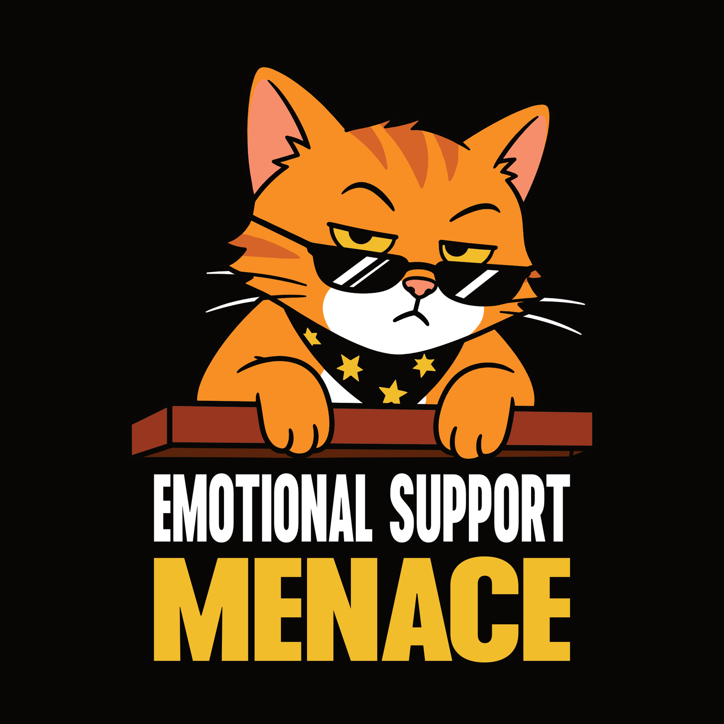 Emotional Support Menace Sunglasses Cat T-Shirt design with orange cat wearing sunglasses and bold text