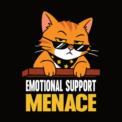 Emotional Support Menace Sunglasses Cat T-Shirt design with orange cat wearing sunglasses and bold text