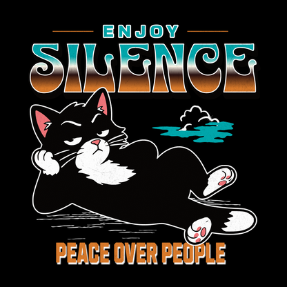 Peace Over People Lounging Cat T-Shirt design with lounging black cat and retro text