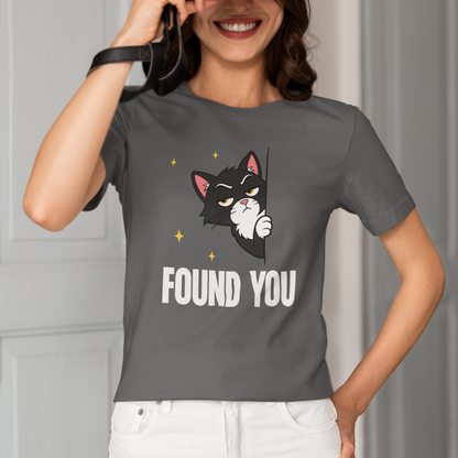 Model wearing Found You Peeking Cat T-Shirt with peeking black cat graphic design