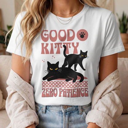 Model wearing Zero Patience Black Cats T-Shirt with two black cats graphic design