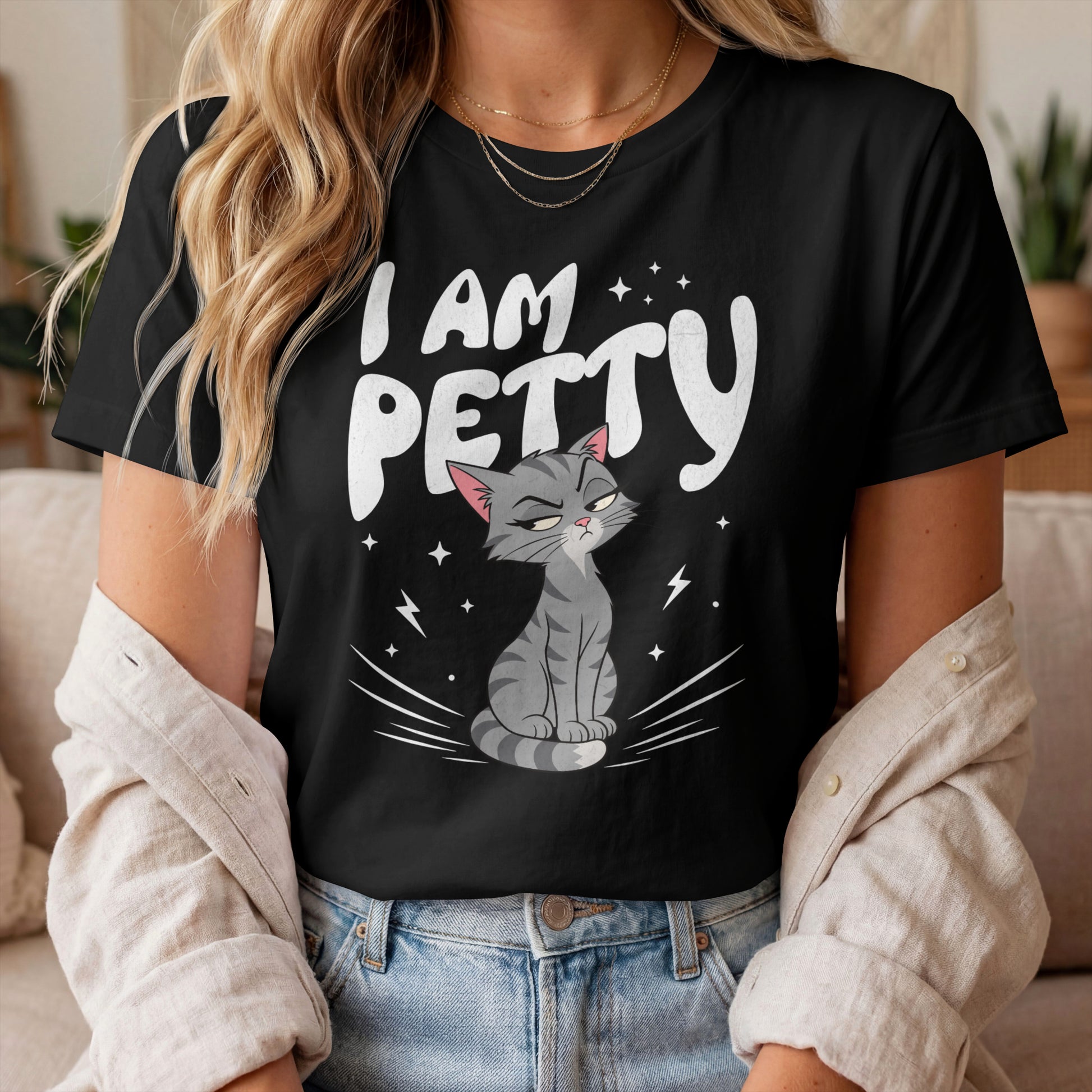 Model wearing I Am Petty Gray Cat T-Shirt with gray cat graphic design