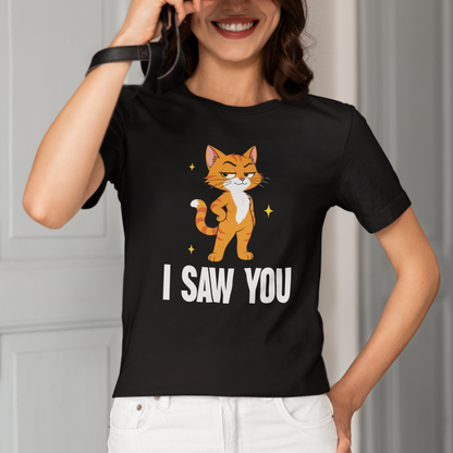 Model wearing I Saw You Standing Cat T-Shirt with standing orange cat graphic design