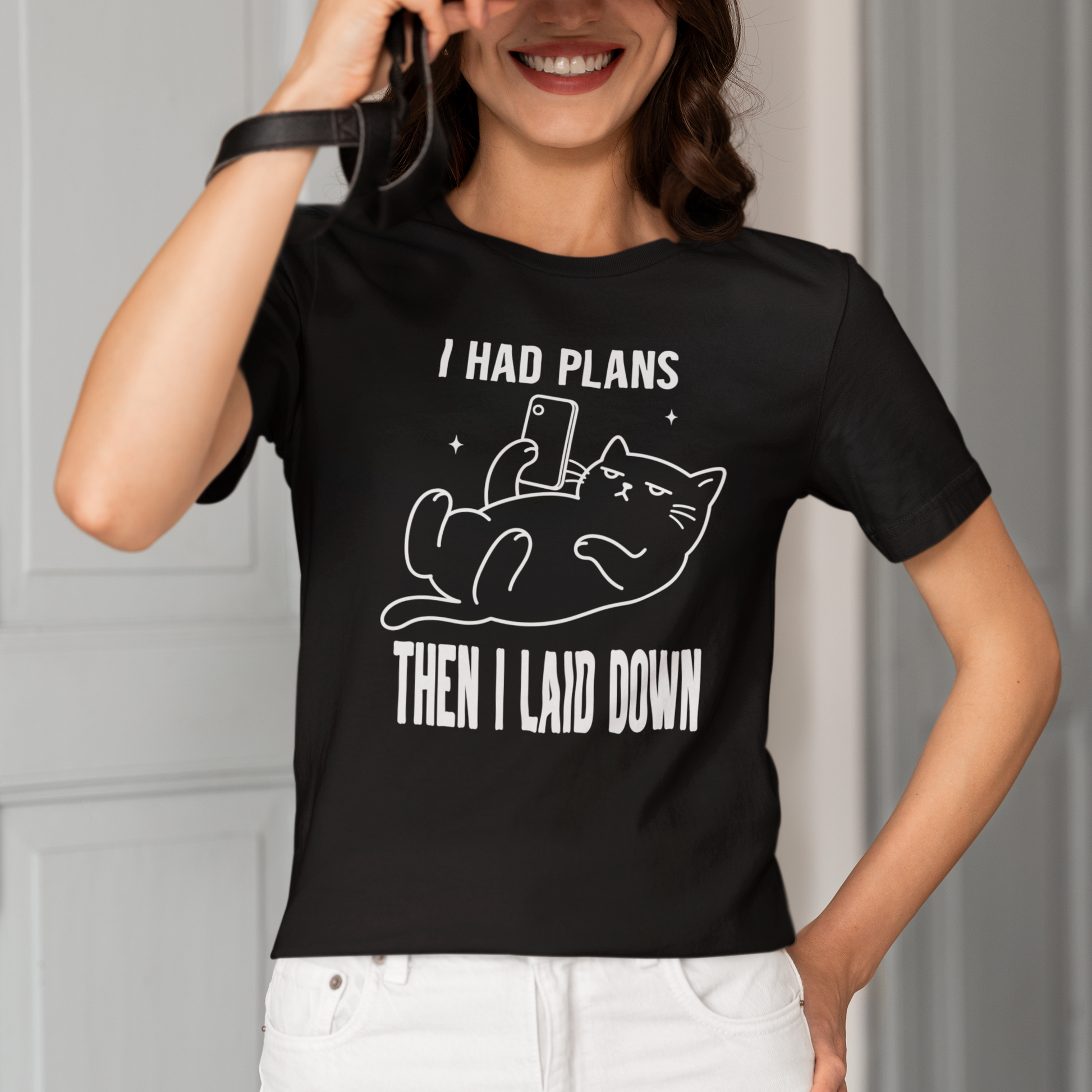 Model wearing I Had Plans Phone Cat T-Shirt with white phone cat graphic design