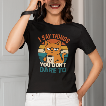 Model wearing I Say Things Coffee Cat T-Shirt with coffee cat graphic design