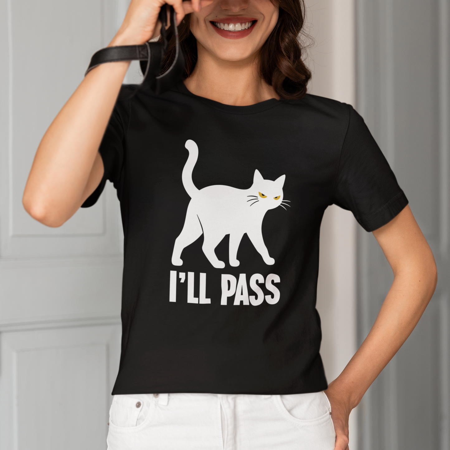 Model wearing I’ll Pass Walking Cat T-Shirt with white walking cat graphic design
