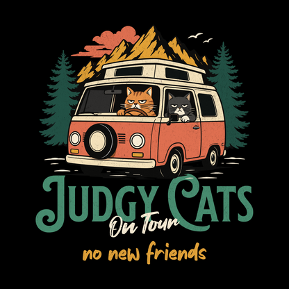 No New Friends Van Cats T-Shirt design with two cats in a van and mountain background