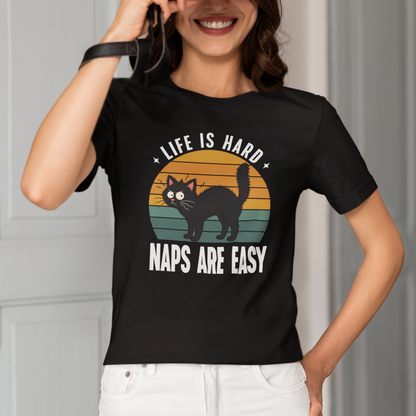 Model wearing Naps Are Easy Chaos Cat T-Shirt with retro black cat graphic design