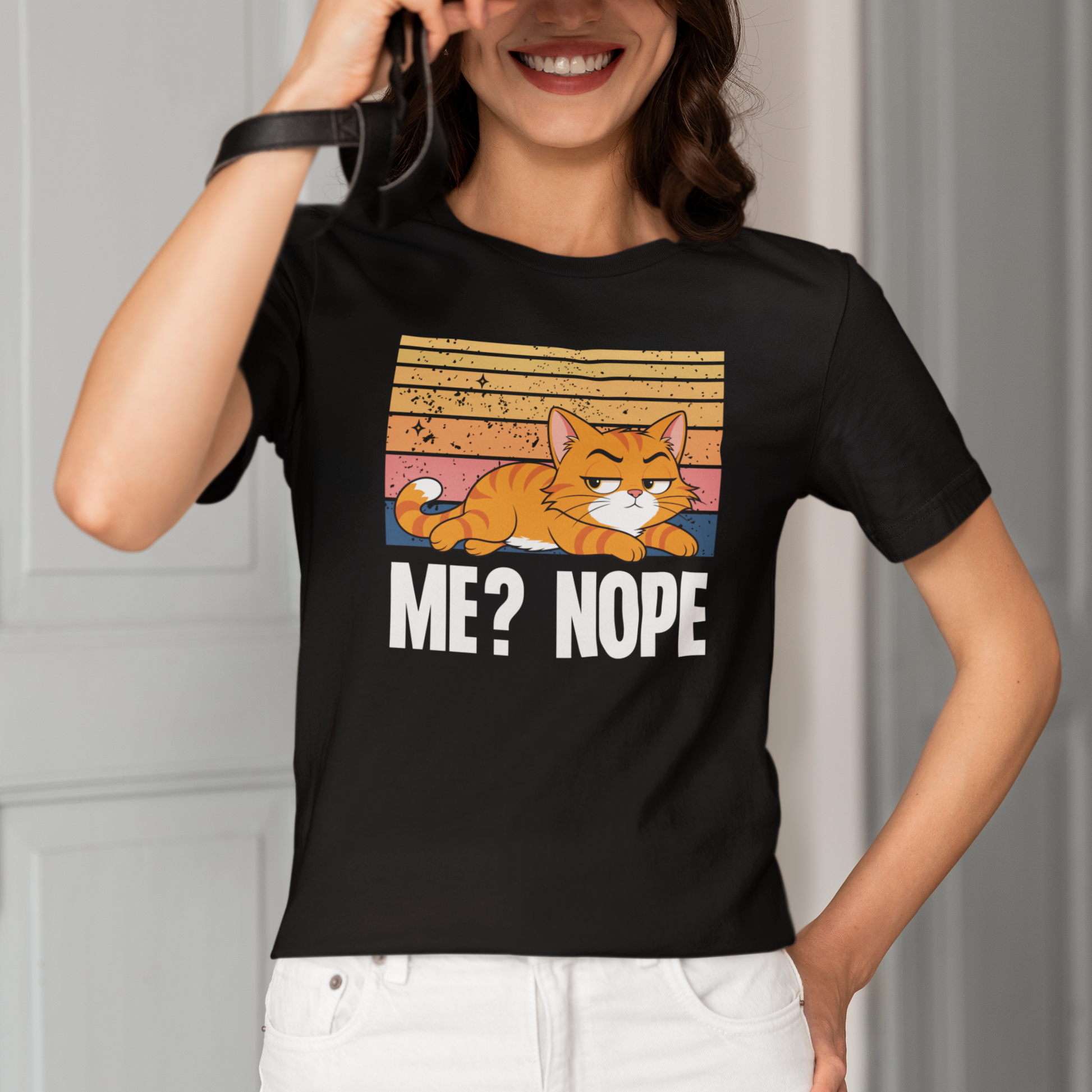 Model wearing Me Nope Lazy Cat T-Shirt with retro orange cat graphic design