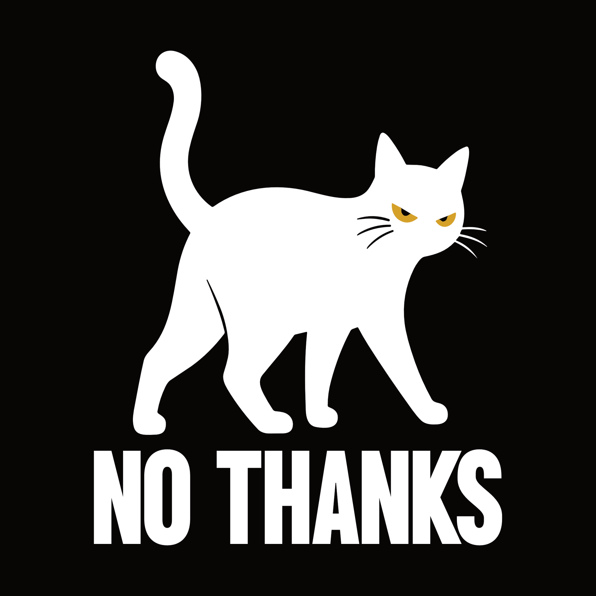 No Thanks Walking Cat T-Shirt design with walking cat graphic and bold text