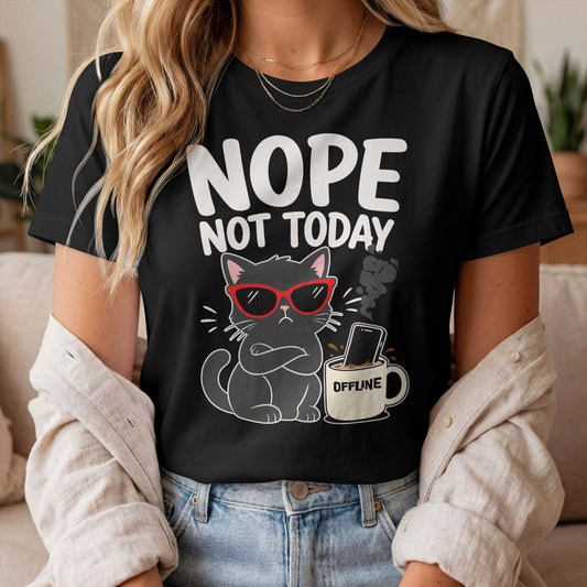 Model wearing Nope Not Today Sunglasses Cat T-Shirt with sunglasses cat graphic design