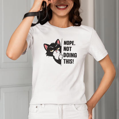 Model wearing Not Doing This Peeking Cat T-Shirt with black peeking cat graphic design