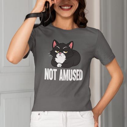 Model wearing Not Amused Loaf Cat T-Shirt with black loaf cat graphic design