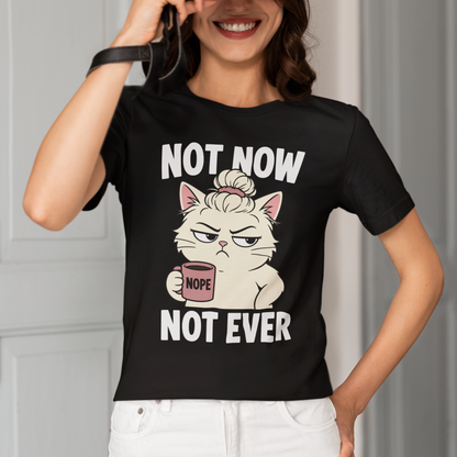 Model wearing Not Now Not Ever Messy Bun Cat T-Shirt with coffee cat graphic design