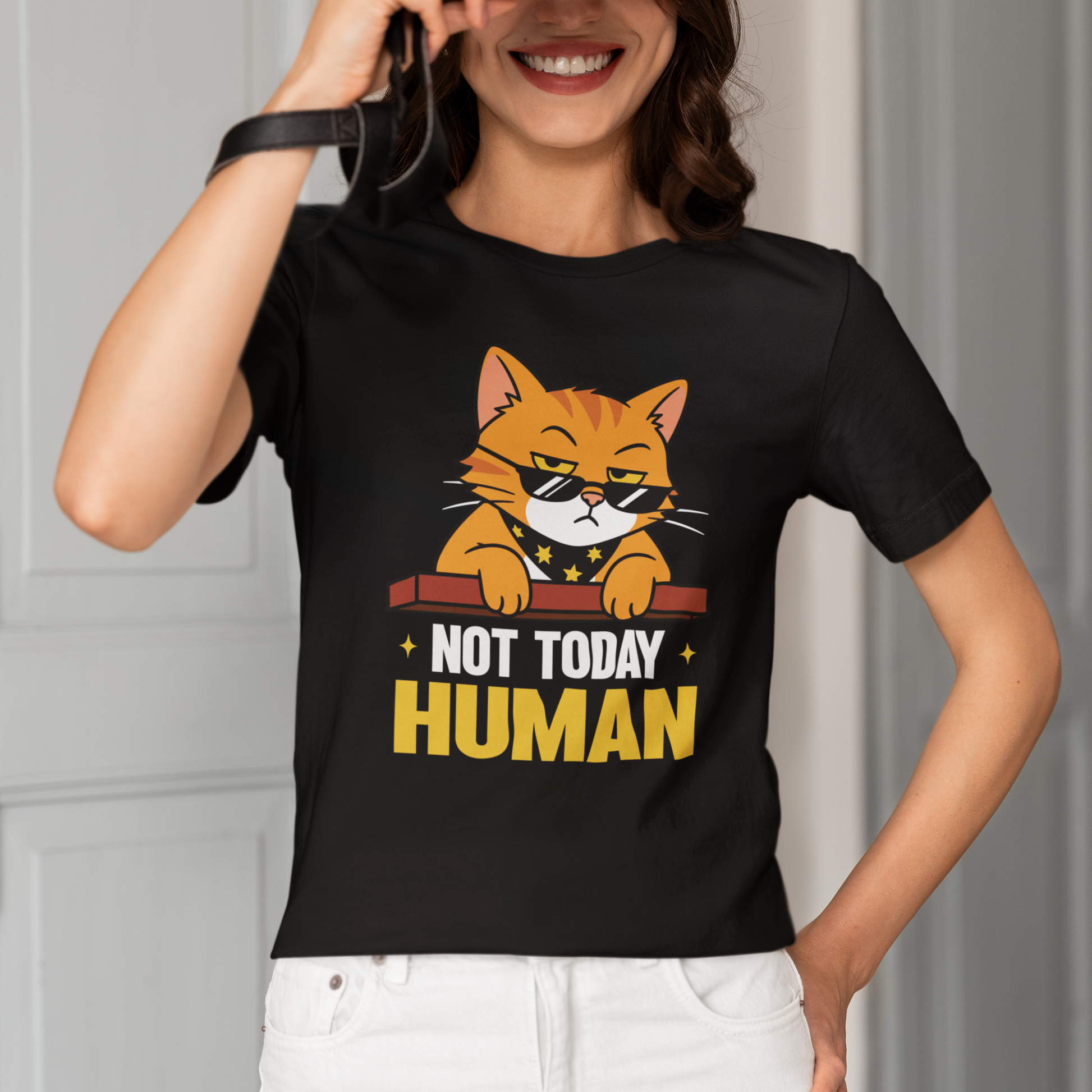 Model wearing Not Today Human Sunglasses Cat T-Shirt with orange cat graphic design