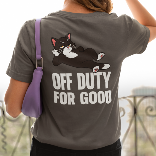 Model wearing Off Duty Lounging Cat T-Shirt with black cat back print design