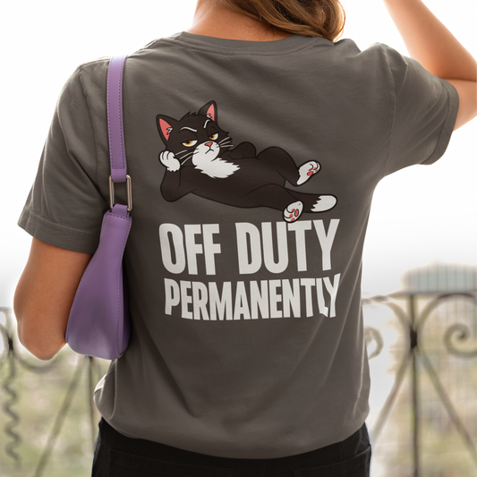 Model wearing Off Duty Permanently Lounging Cat T-Shirt with black cat back print design