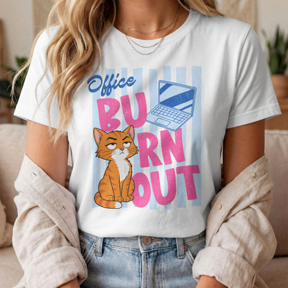 Model wearing Office Burnout Laptop Cat T-Shirt with orange laptop cat graphic design