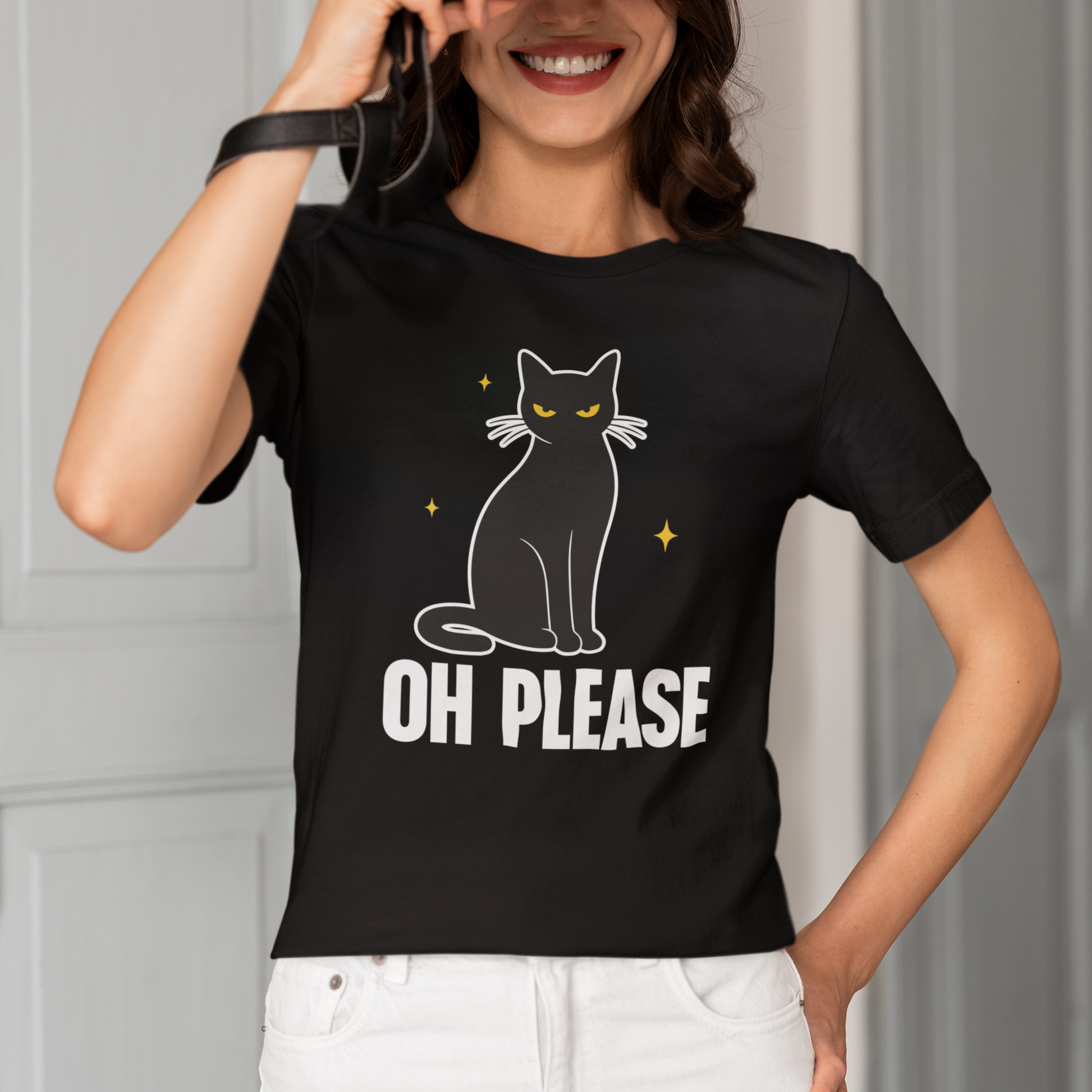 Model wearing Oh Please Black Cat T-Shirt with black cat graphic design