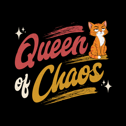 Queen of Chaos Orange Cat T-Shirt design with orange cat and bold brush-style text