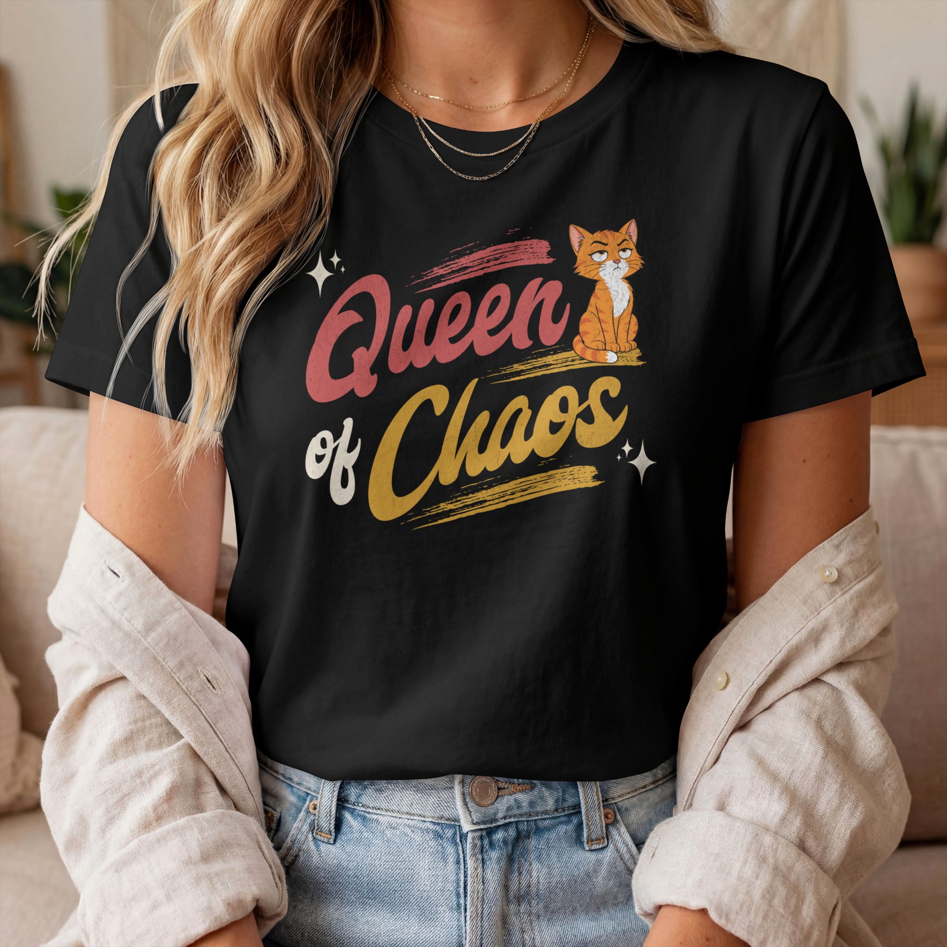 Model wearing Queen of Chaos Orange Cat T-Shirt with orange cat graphic design