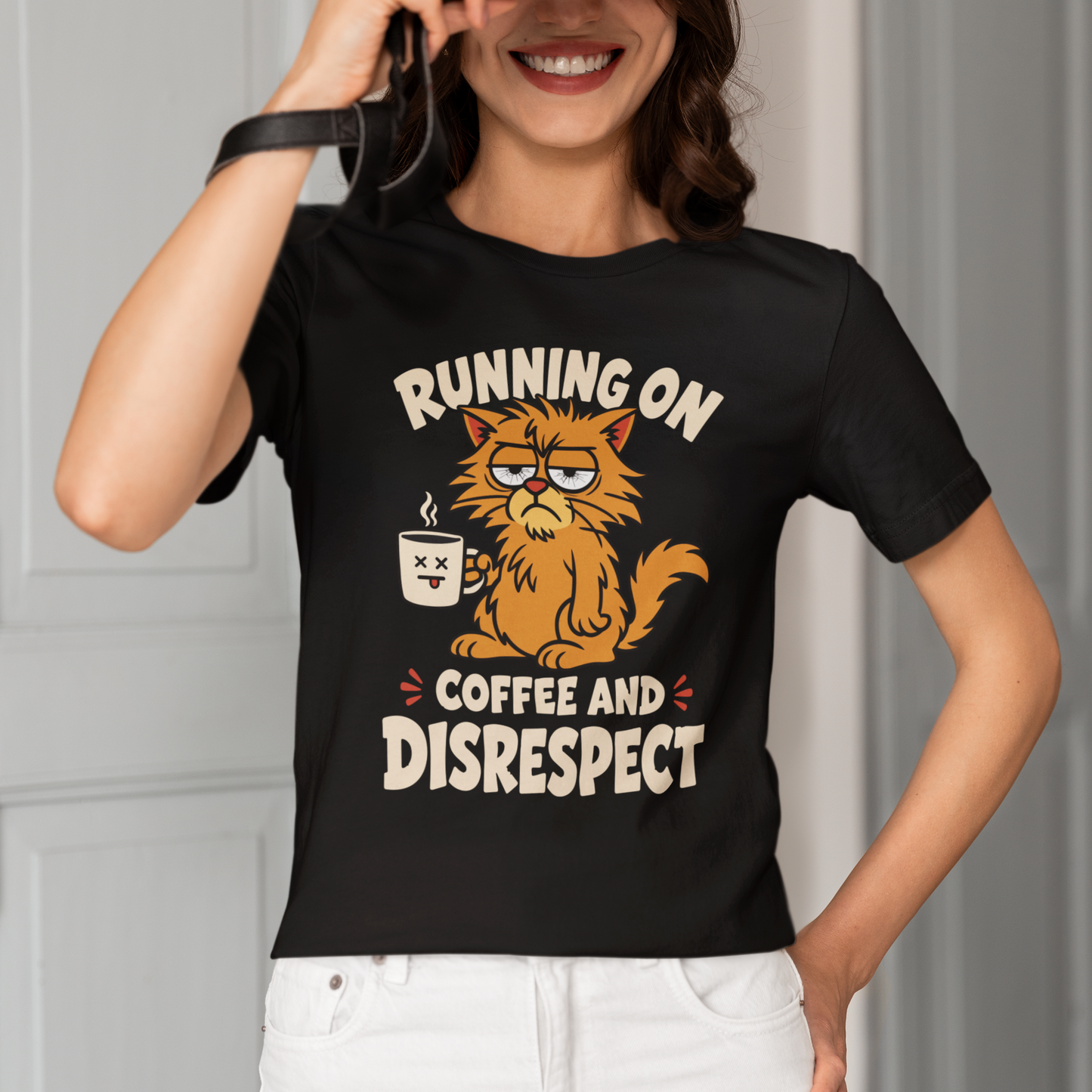 Model wearing Coffee and Disrespect Messy Cat T-Shirt with messy orange cat graphic design