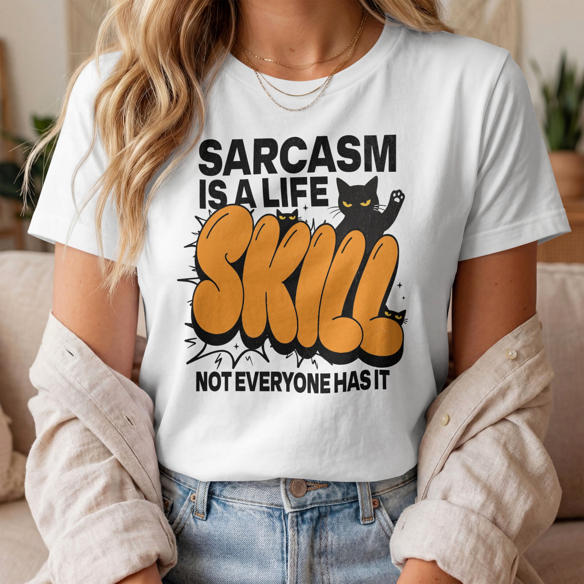 Model wearing Sarcasm Skill Graffiti Cat T-Shirt with comic cat graphic design
