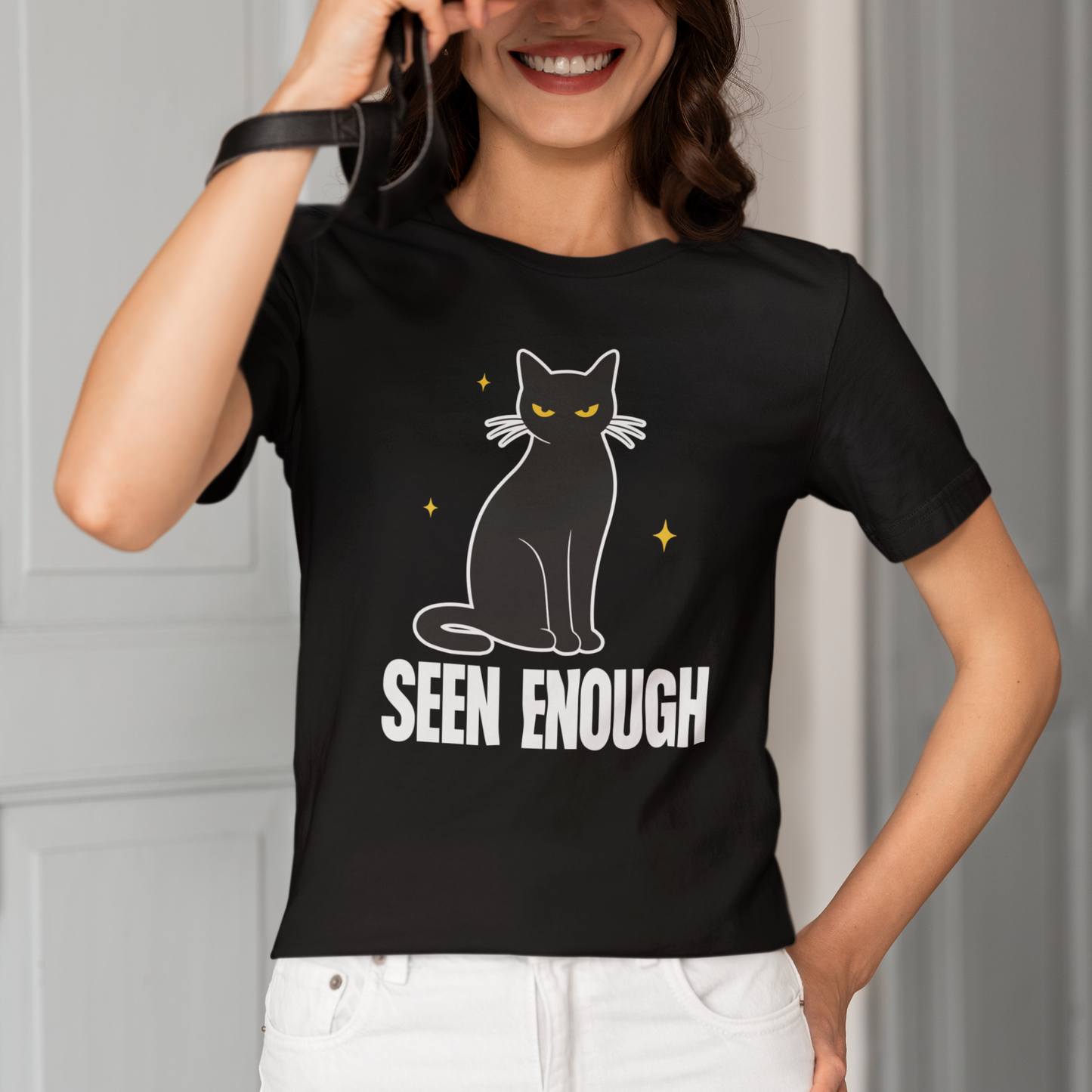 Model wearing Seen Enough Black Cat T-Shirt with black cat graphic design