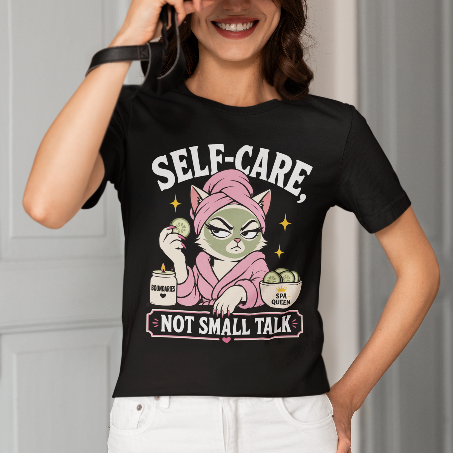 Model wearing Self-Care Spa Cat T-Shirt with spa cat graphic design