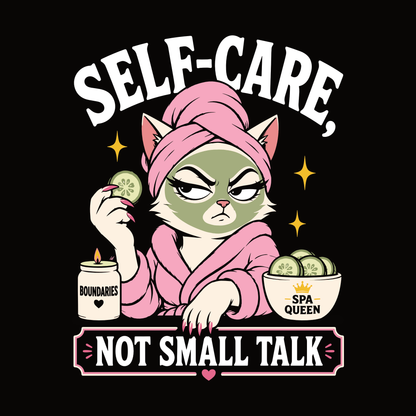 Self-Care Spa Cat T-Shirt design with cat wearing face mask and towel wrap