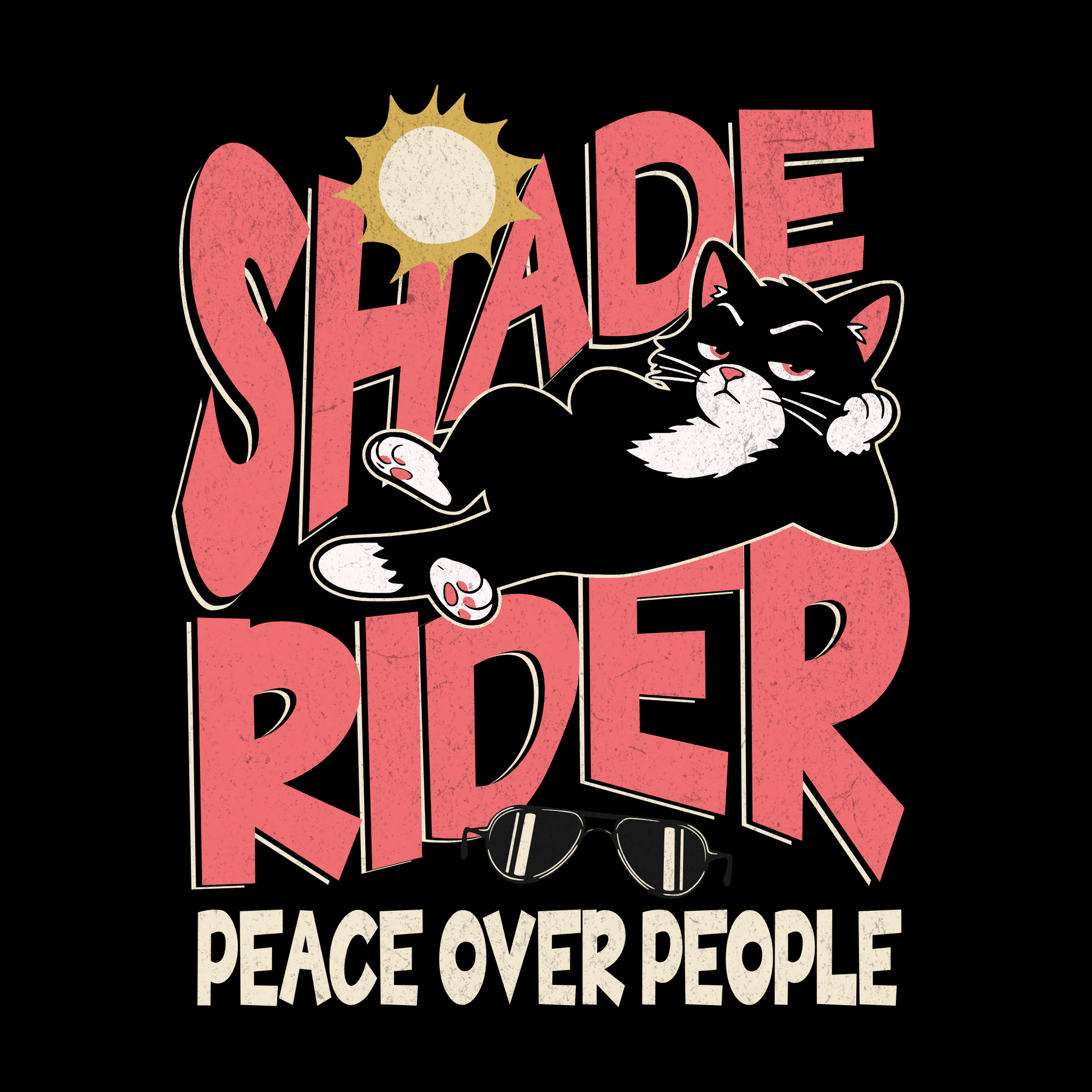 Peace Over People Shade Rider Cat T-Shirt design with lounging black cat, sunglasses, and bold retro text