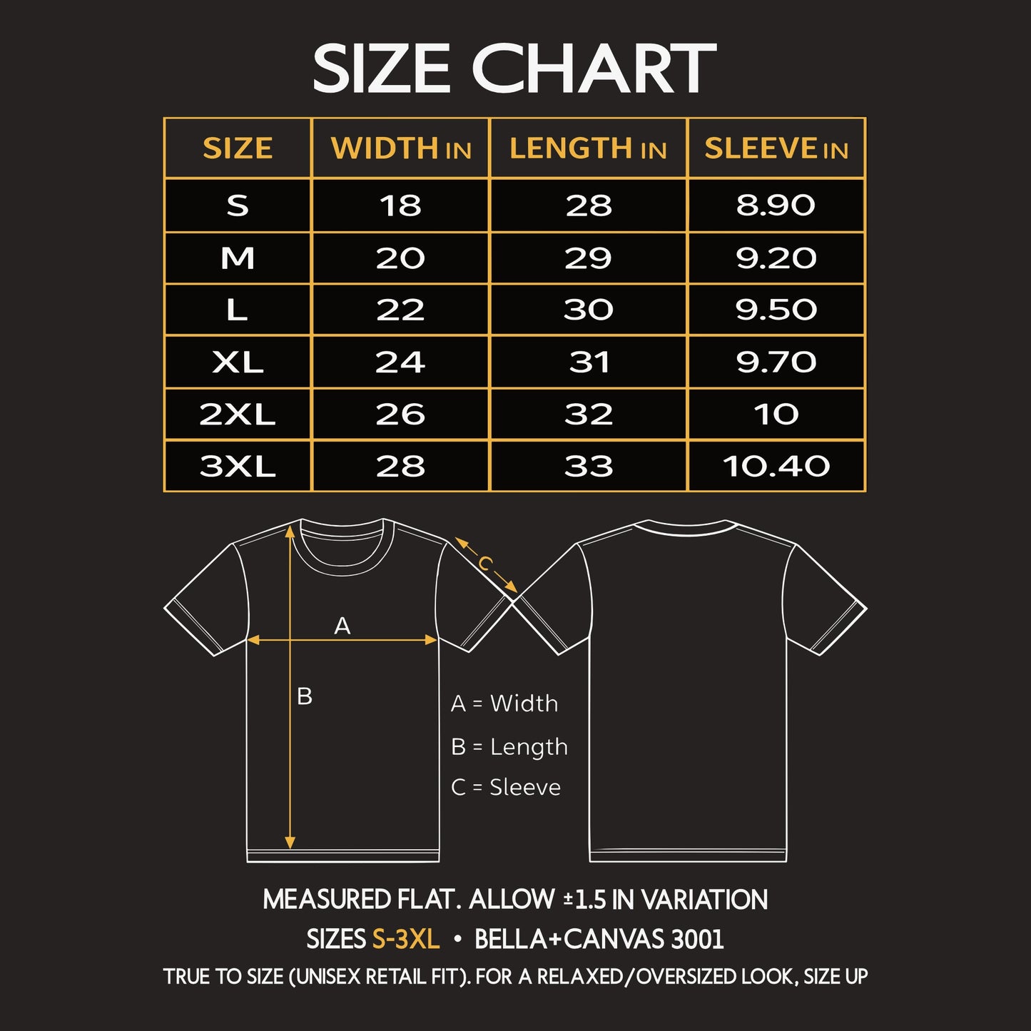 Bella+Canvas 3001 unisex t-shirt size chart (S–3XL) showing width, length, and sleeve measurements in inches.