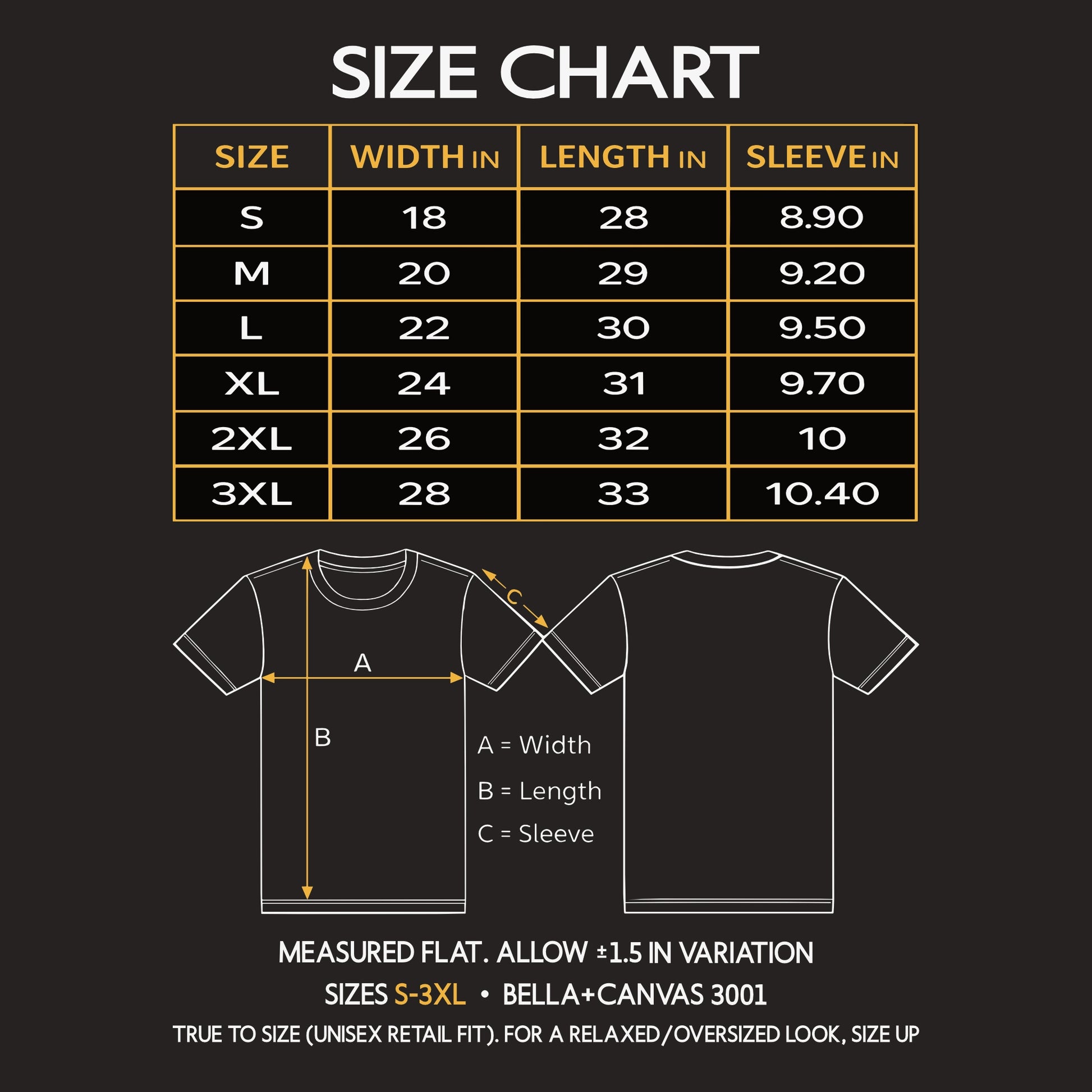 Bella+Canvas 3001 unisex t-shirt size chart (S–3XL) showing width, length, and sleeve measurements in inches.
