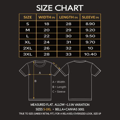 Bella+Canvas 3001 unisex t-shirt size chart (S–3XL) showing width, length, and sleeve measurements in inches.
