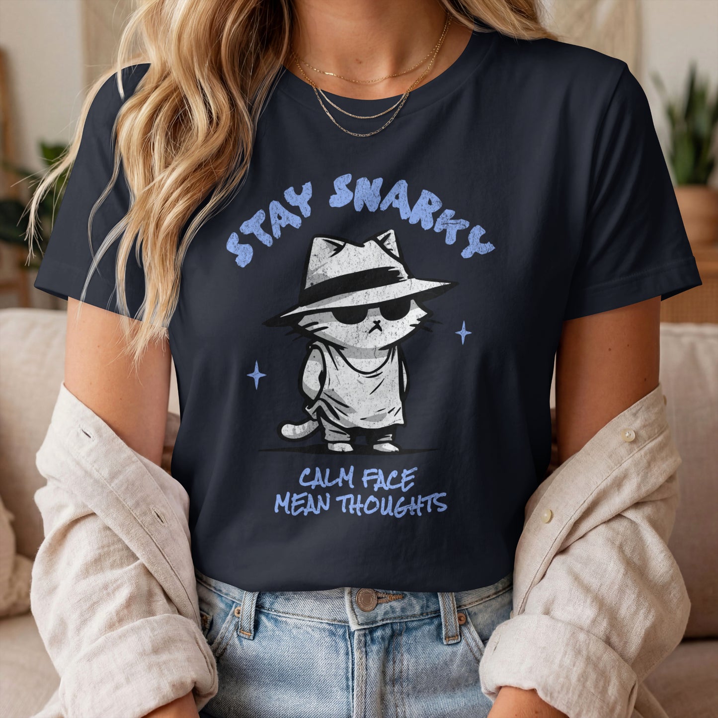 Model wearing Calm Face Fedora Cat T-Shirt with fedora cat graphic design