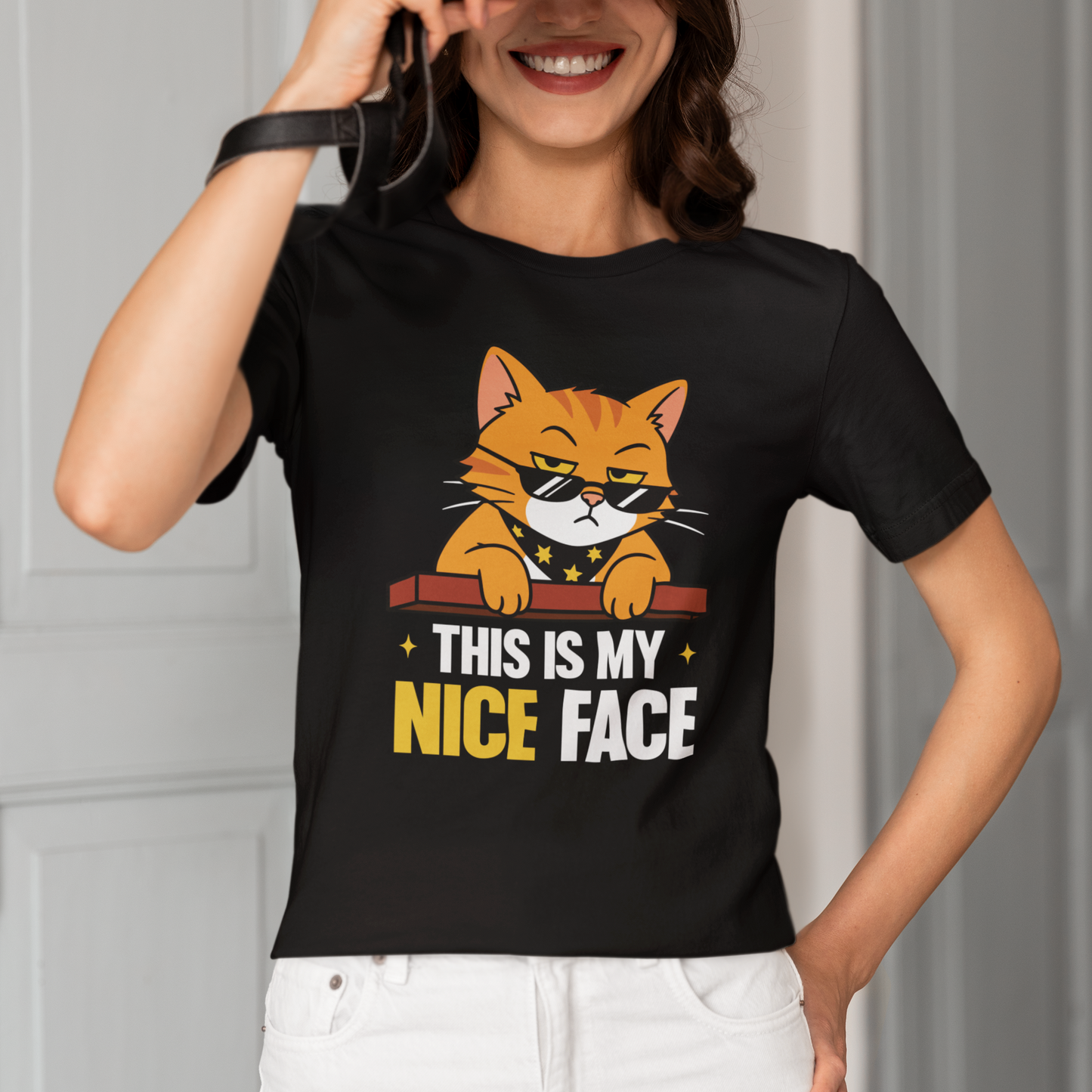 Model wearing Nice Face Sunglasses Cat T-Shirt with orange cat graphic design