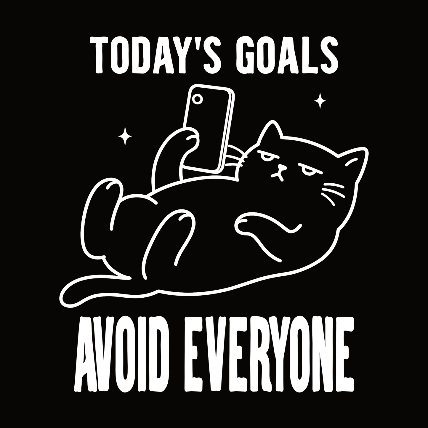 Avoid Everyone Phone Cat T-Shirt design with lounging cat holding phone and bold text