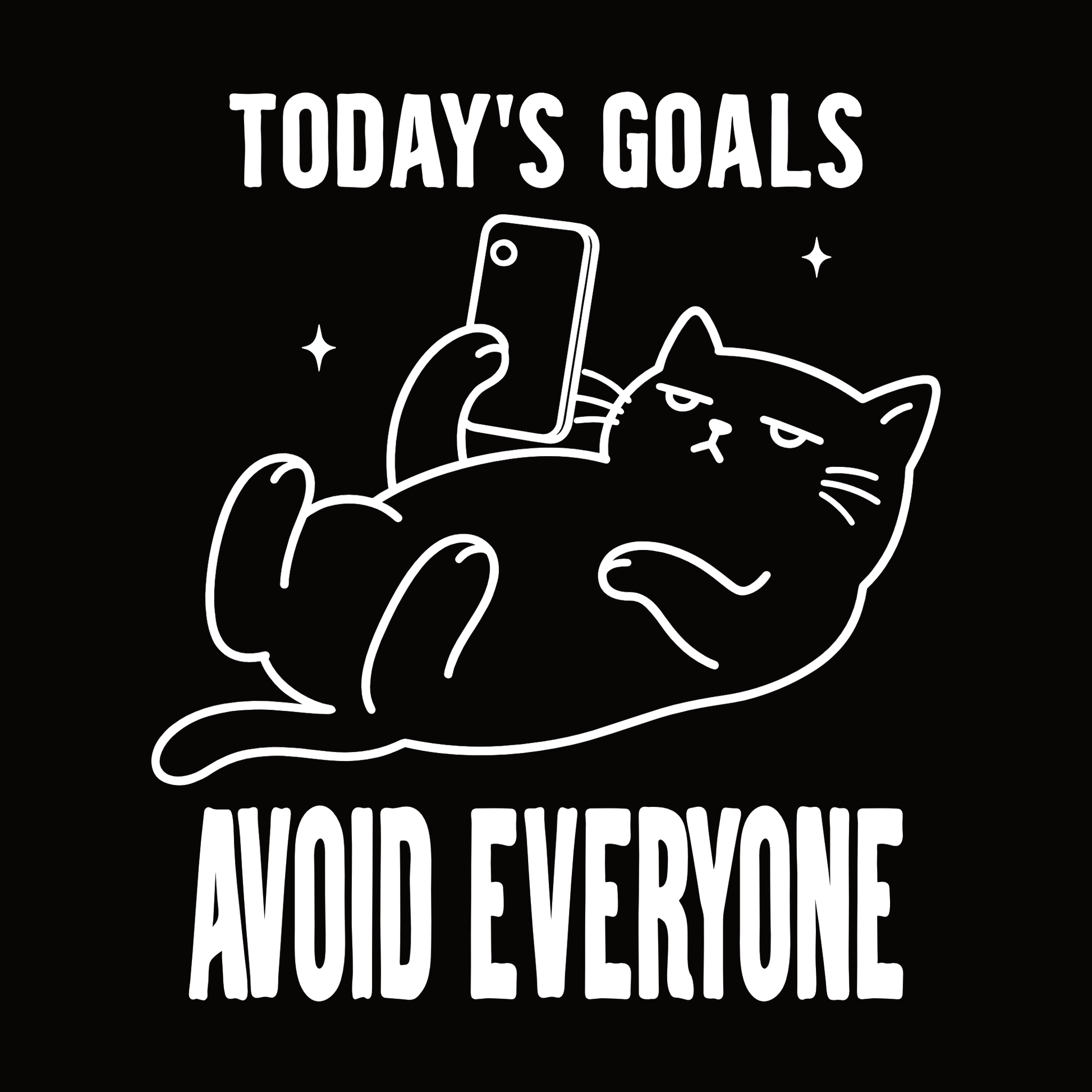 Avoid Everyone Phone Cat T-Shirt design with lounging cat holding phone and bold text