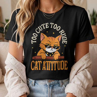 Model wearing Cat Attitude Sunglasses Cat T-Shirt with orange sunglasses cat graphic design