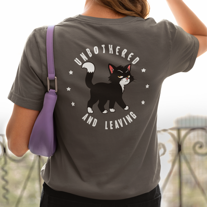 Model wearing Unbothered and Leaving walking Cat T-Shirt with black cat back print design
