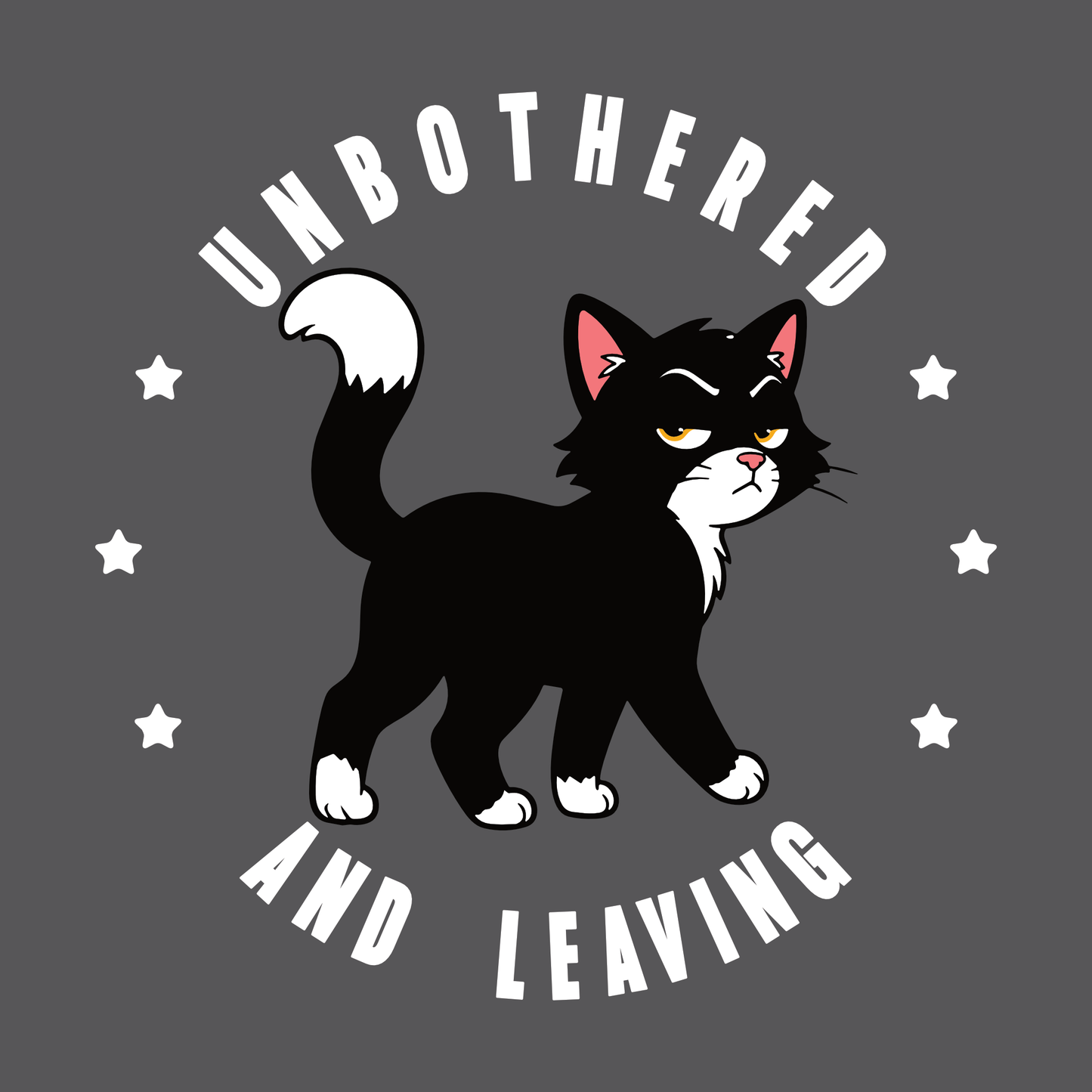 Unbothered and Leaving walking Cat T-Shirt back print design with lounging black cat and bold text