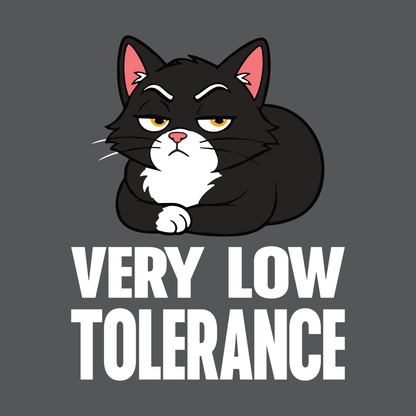Very Low Tolerance Loaf Cat T-Shirt design with black loaf cat graphic and bold text