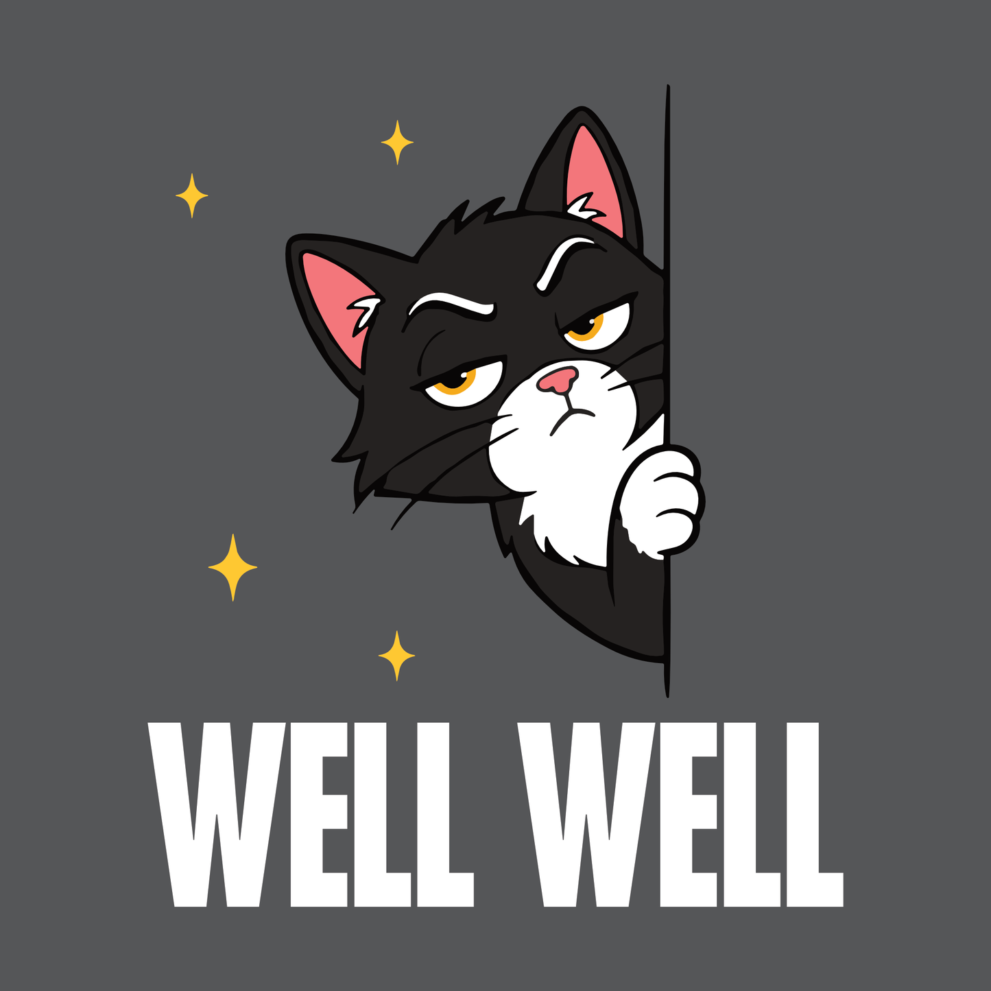 Well Well Peeking Cat T-Shirt design with peeking black cat graphic and bold text